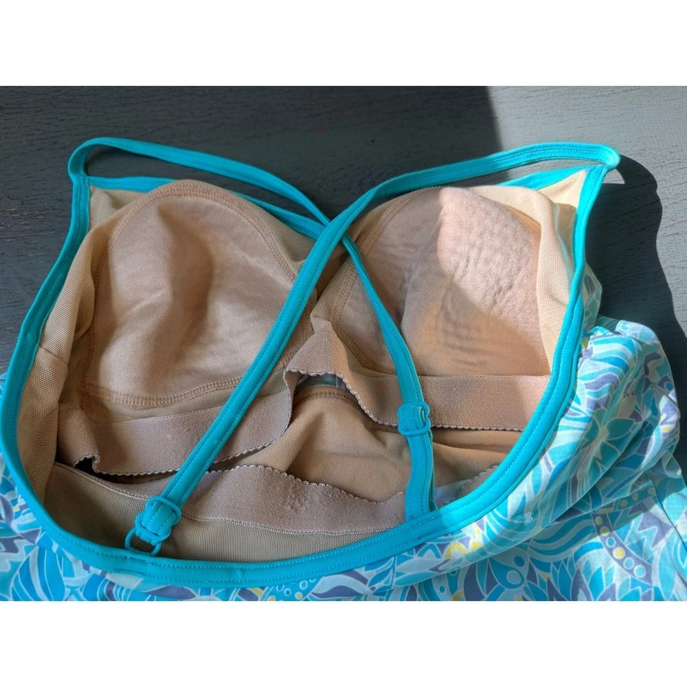 LL Bean Blue Floral Tankini Swim Top Adjustable Straps UPF 50+ Size 10 287865